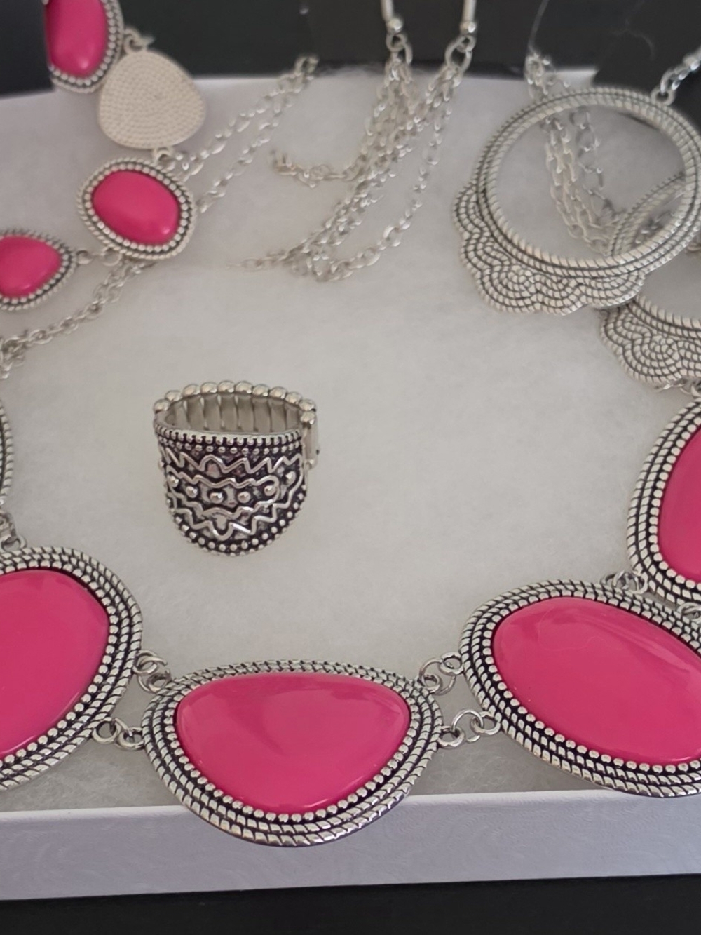 Bold Pink Statement Necklace — Silver-Tone Decorative Accents